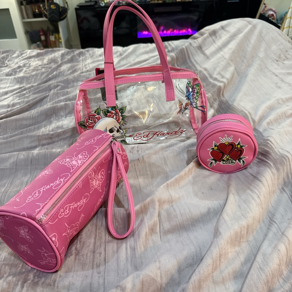 3 pc. Ed Hardy Y2K Clear/Pink Barrel Bag Cosmetic Case with Skull & Roses
